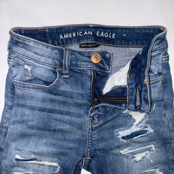 American Eagle Size 0 Short Medium Wash Distressed Mid Rise Stretch Jeans - Picture 6 of 9
